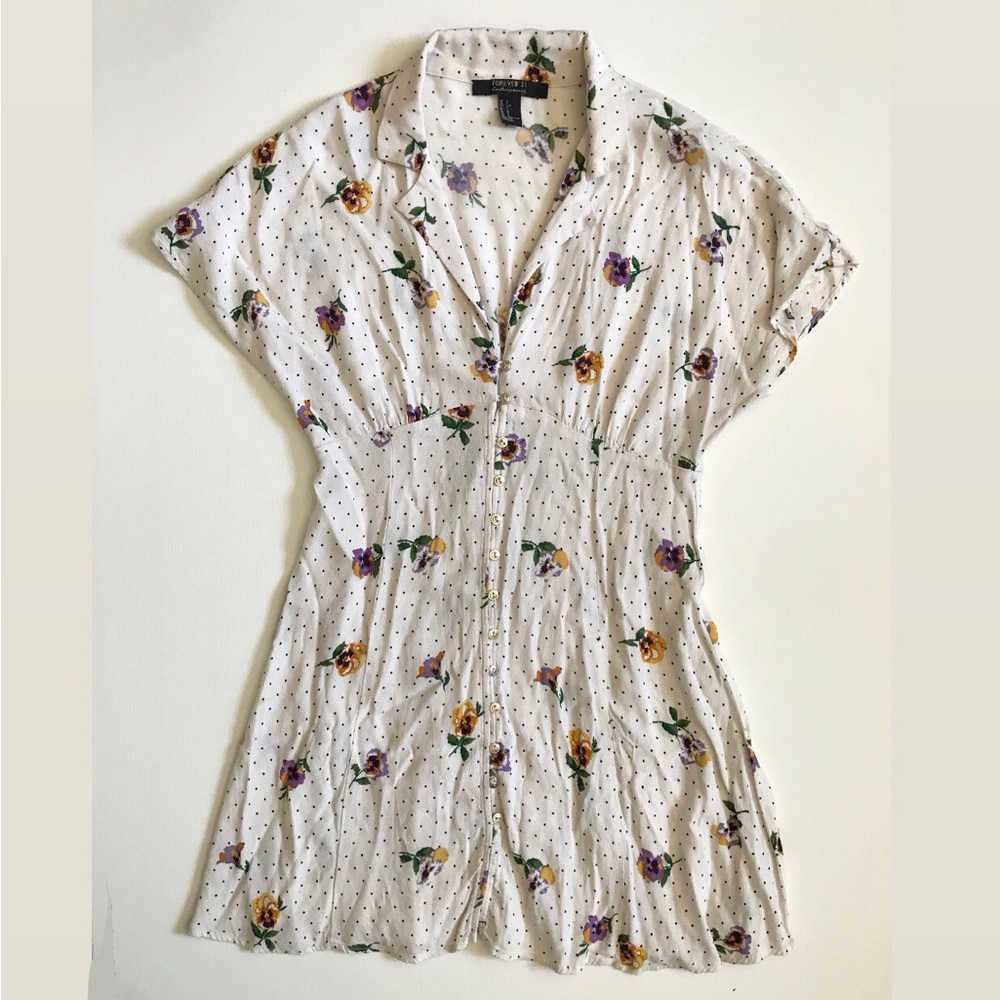 Floral Polka Dot Button-Front Tunic Top - White
